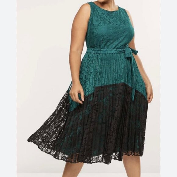 Lane Bryant Lace Colorblock Pleated Midi Dress in Emerald Green and Black Size14 - Picture 15 of 15